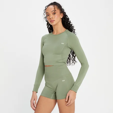 Seamless 無縫系列 女士長袖短版上衣 - 水洗翠綠